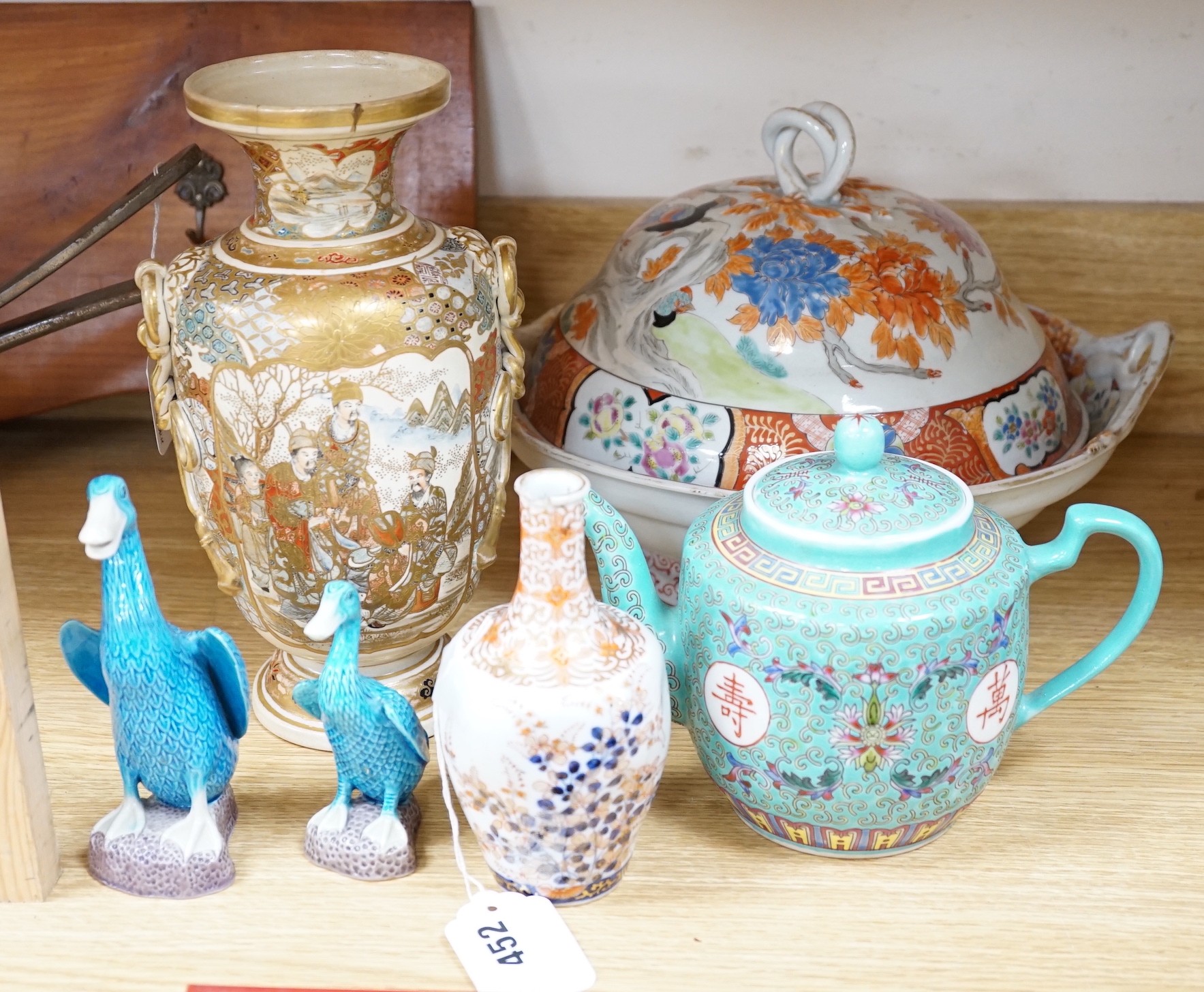 Japanese ceramics to include a Satsuma vase, 25 cm high, a Kutani style tureen and cover, a koransha bottle vase, together with a Chinese tea pot and two figures of ducks